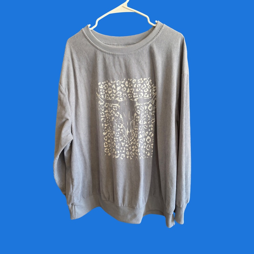 Ribbed Knit Leopard Cow Skull Graphic Oversized‎ Sweatshirt Periwinkle Blue XXL